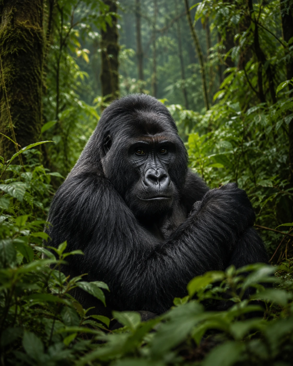 Mountain gorilla in Rwanda's green rainforest