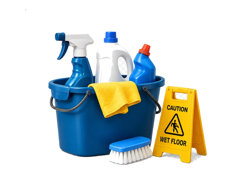 Hygiene service cleaning bucket, detergents and wet floor sign