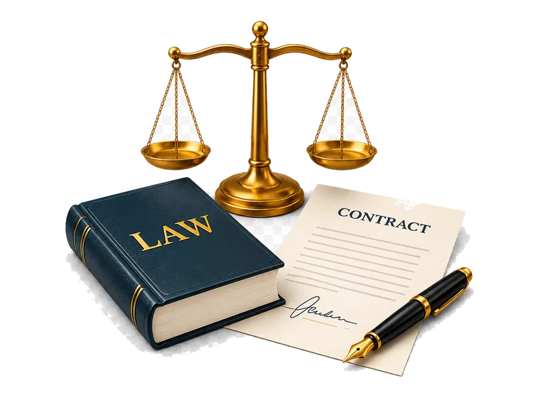 Legal services scales of justice, law book and contract