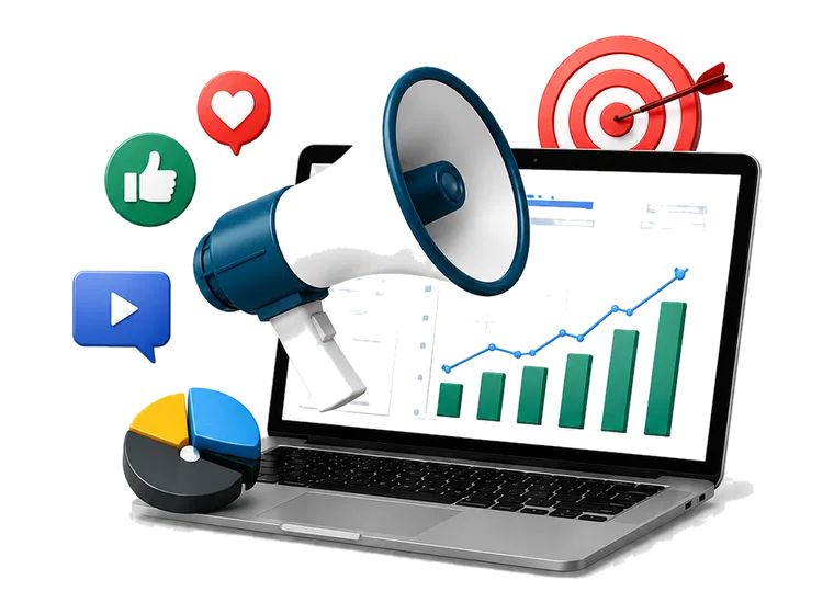 Sales and marketing megaphone with analytics dashboard