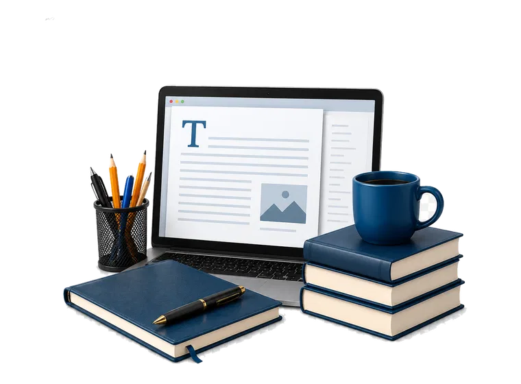 Writing services workspace with laptop, books, notebook and pencils