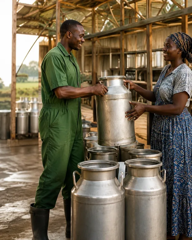 Dairy farmer handing over a milk can at collection point