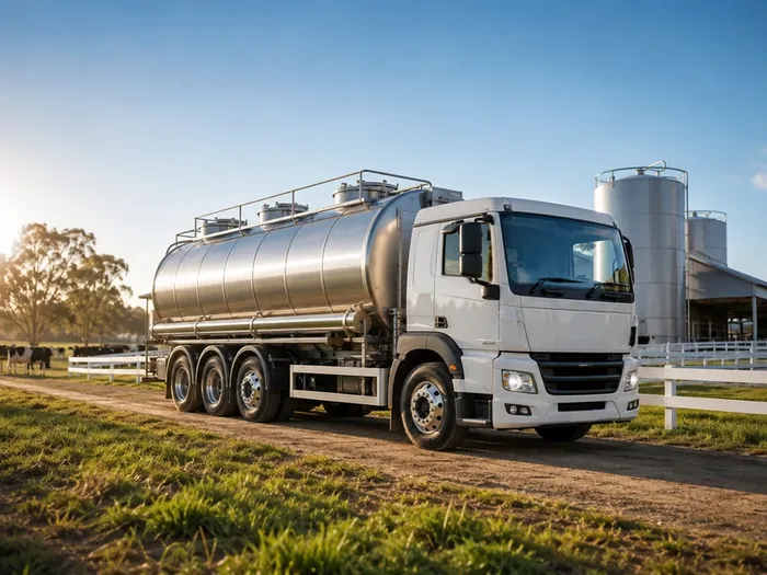 Bulk milk tanker truck near a dairy plant