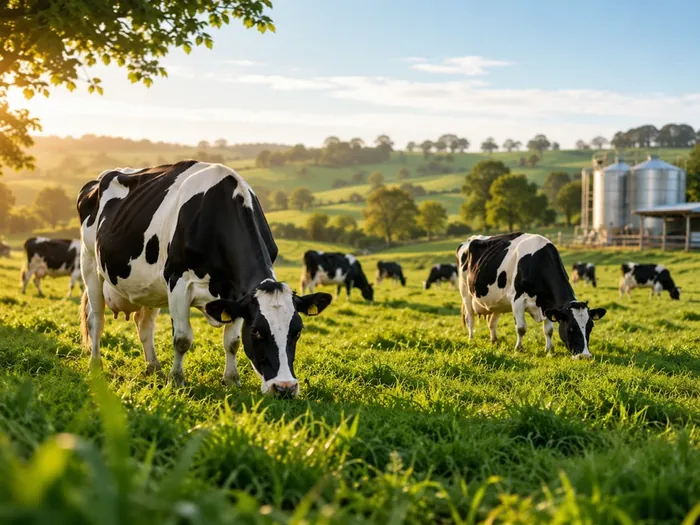 Cows grazing on a clean dairy farm