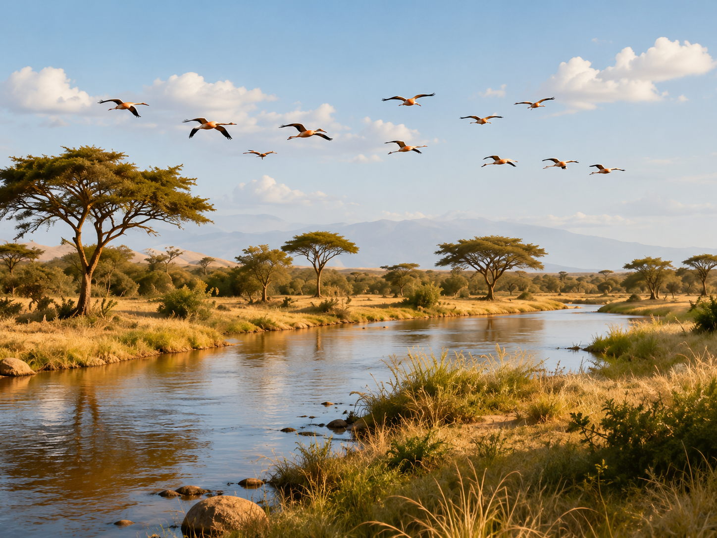 River Ewaso Nyiro savannah landscape with birds and acacia trees