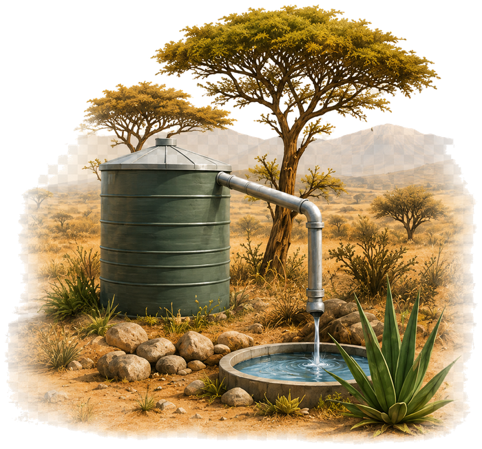Rainwater harvesting tank and dryland plants showing climate action