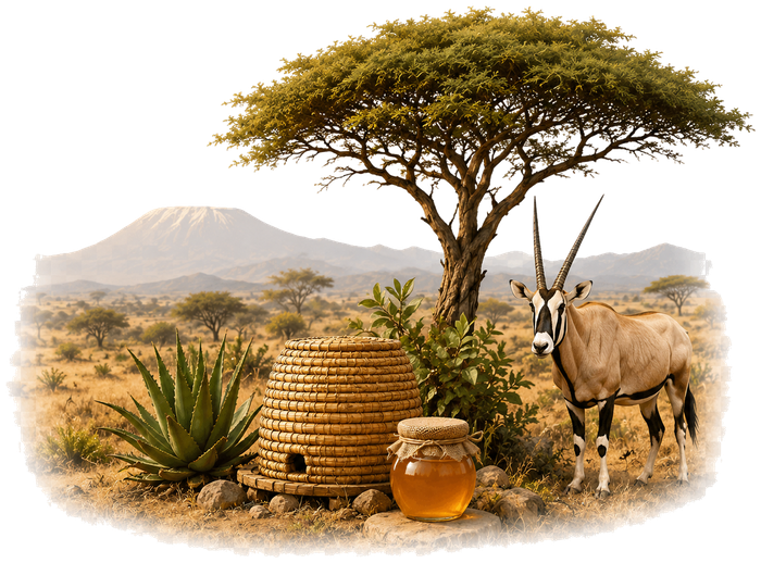 Honey, basket, aloe and oryx showing sustainable livelihoods