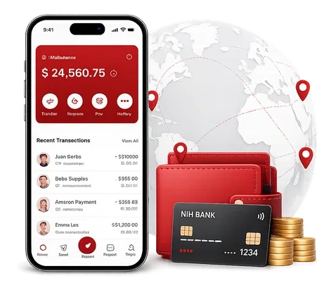 NIH Bank mobile wallet, global money transfer, debit card, red wallet and coins